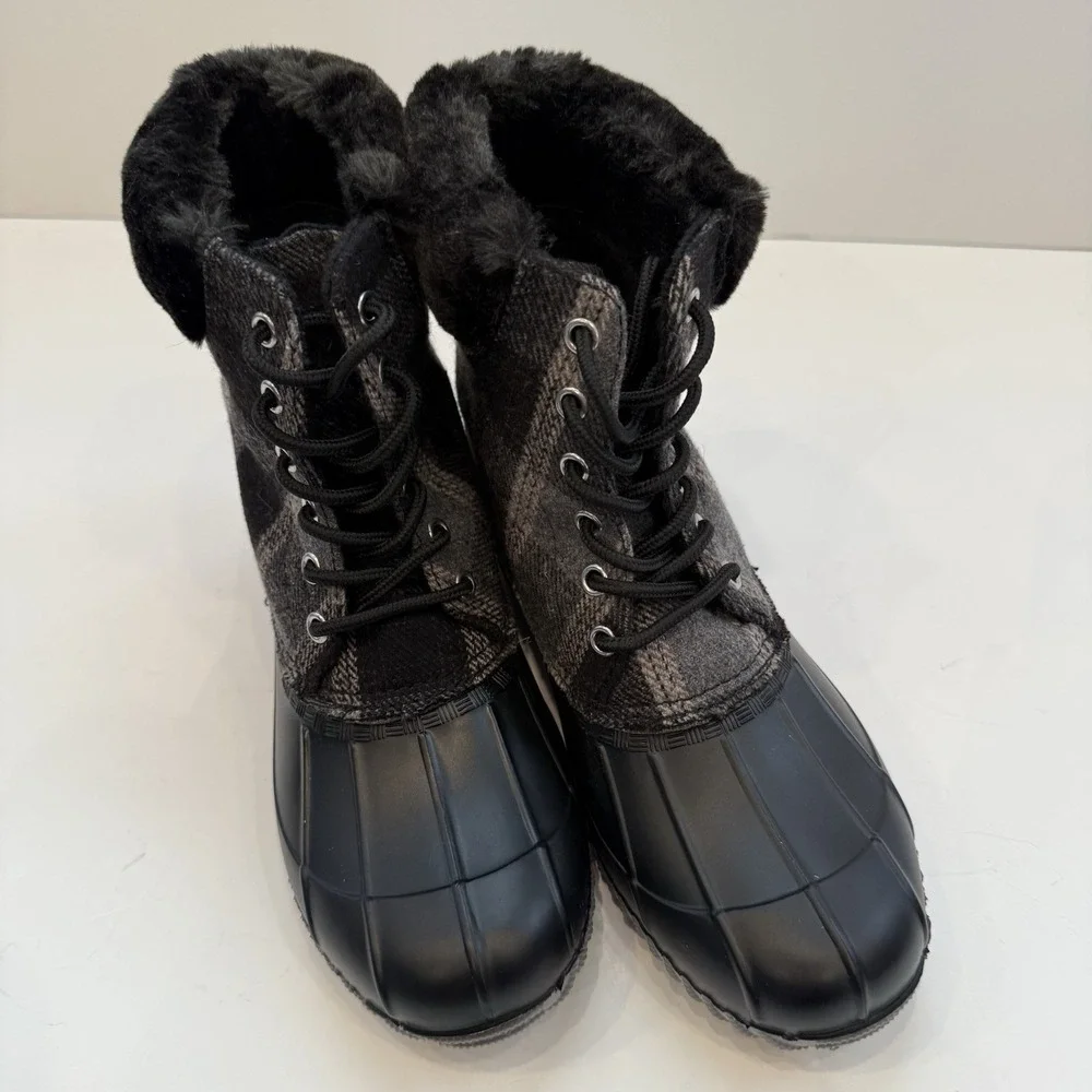 Duck Boots Womens Waterproof Winter Boots Quilted Snow Black Gray‎ Plaid Size 7